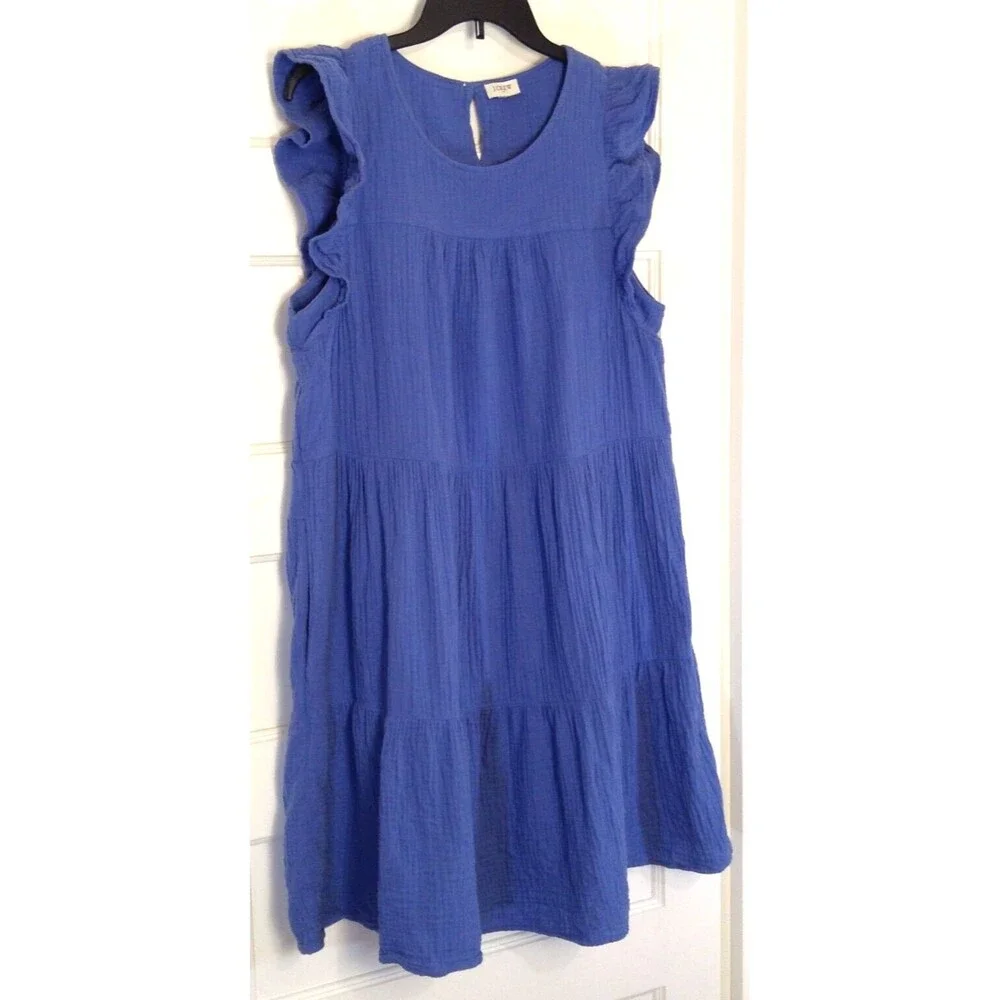 J.Crew Dress Wn L Blue Babydoll Tiered Ruffled Pockets Peasant Milkmaid Cottage - Picture 2 of 11